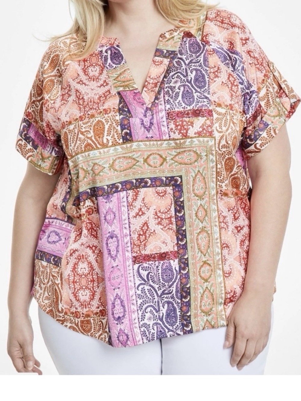 JM Collection Pink Purple Paisley Patchwork Boho Gypsy Hippie Top Tunic 4X NWT